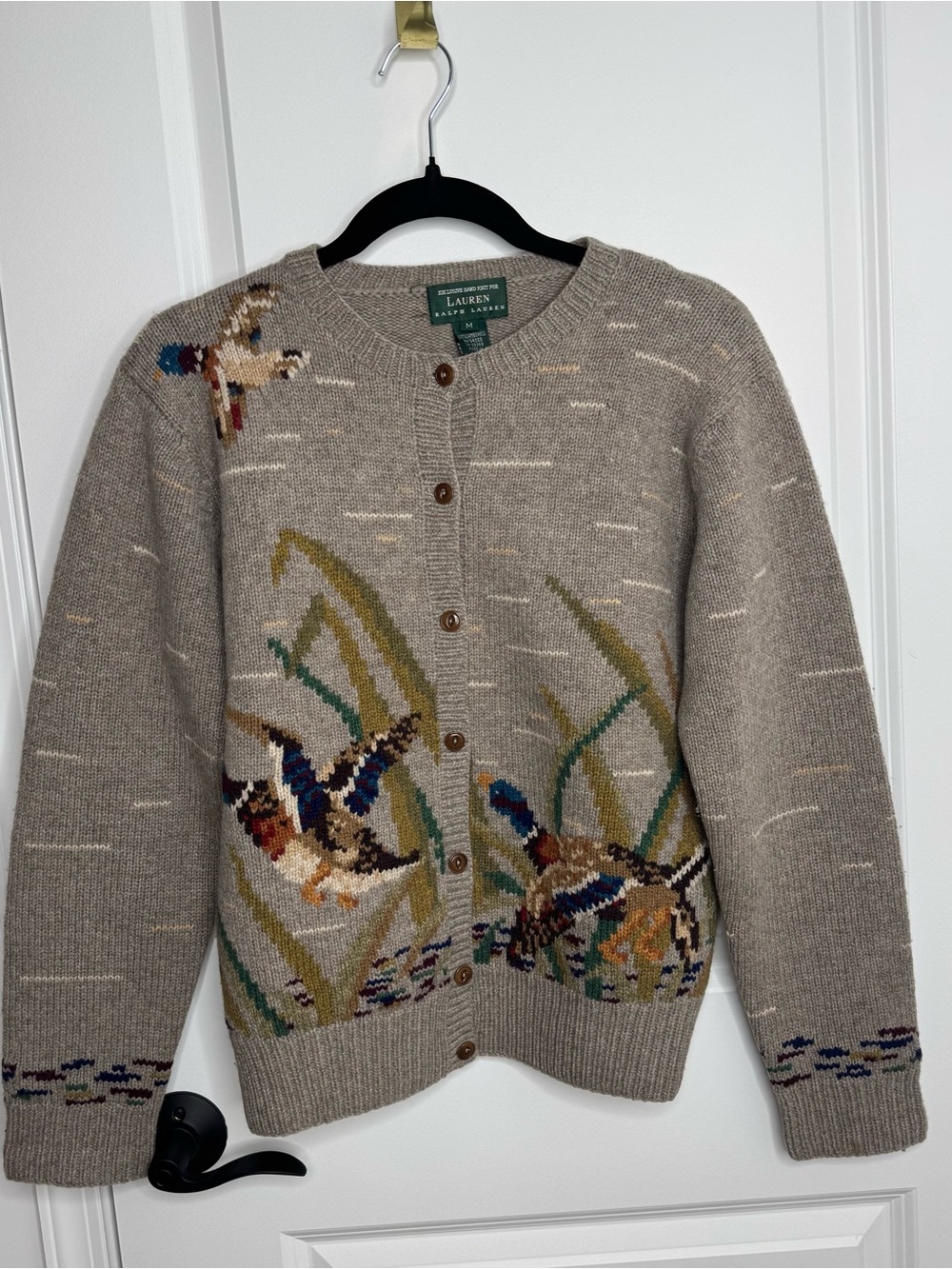 Lauren Ralph Lauren LambsWool Mallard Duck Crew Neck Cardigan Sweater M